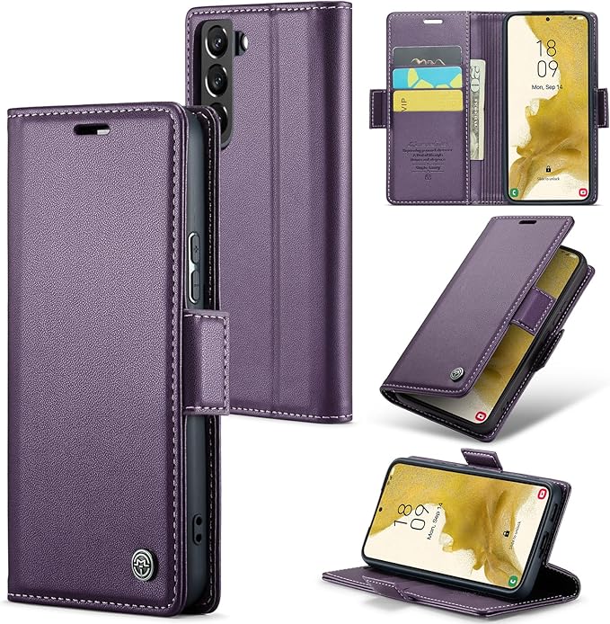 Case for Samsung Galaxy S22 Wallet Case, RFID Blocking PU Leather Flip Folio Cover Card Holder Kickstand Shockproof Phone Case Compatible with Samsung Galaxy S22, Purple