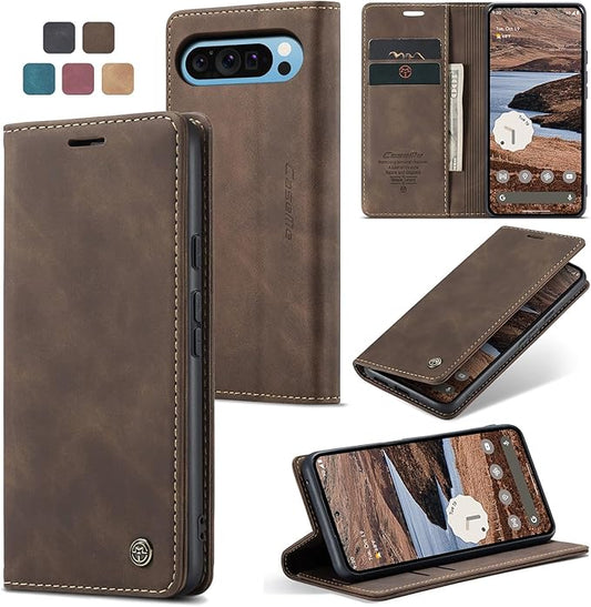 for Google Pixel 9 Pro XL Case, Flip Wallet Leather Case with Card Holder Magnetic Closure Shockproof Kickstand Protective Phone Cases Cover for Google Pixel 9 Pro XL,Coffee