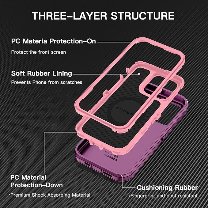 for iPhone 12 Pro Max Case,iPhone 13 Pro Max Case [Compatible with MagSafe] Shockproof 3-Layer Full Body Protection Rugged Heavy Duty Cover for Apple iPhone 12/13 Pro Max,Purple/Pink