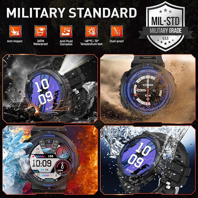 Military Smart Watches for Men (Answer/Make Calls) with LED Flashlight 3ATM Waterproof Smartwatch with 100+ Sports Modes 1.53" Fitness Tracker with Heart Rate Monitor for iPhone Android