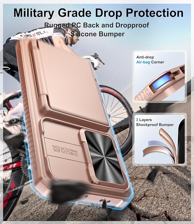 for Samsung Galaxy S25 FE Phone Case Wallet, Card Holder (4-5 Cards), Slide Camera Cover, Military Grade Protection, Rugged Hard Women Girly Men Protective Case for Galaxy S25 FE 6.7", Rose Gold