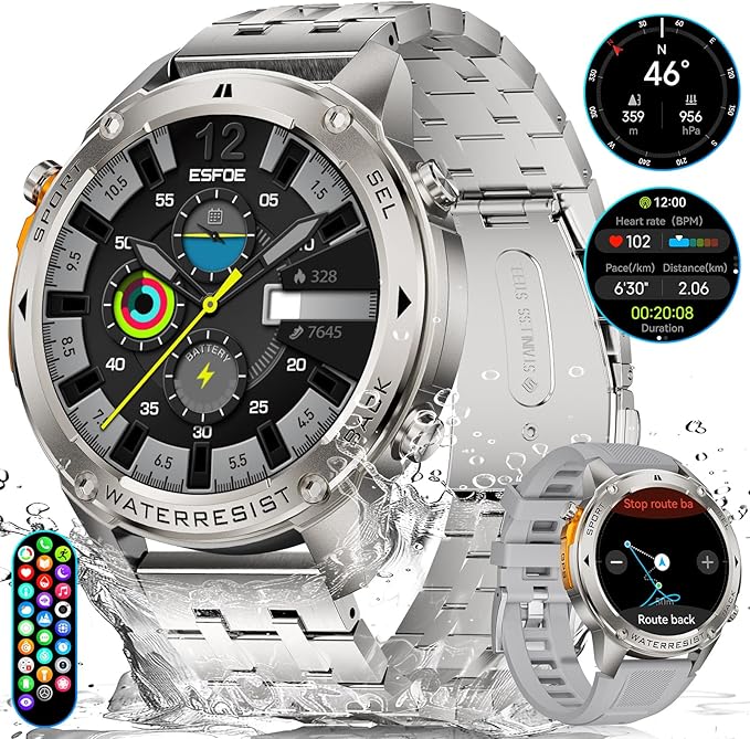 GPS Smart Watch for Men-5ATM/IP69K Waterproof,45 Days Standby(500mAh),1.43" AMOLED Rugged Military Smartwatch with Compass Altitude,170+ Sport Modes Smart Watches for Android iPhones Silver