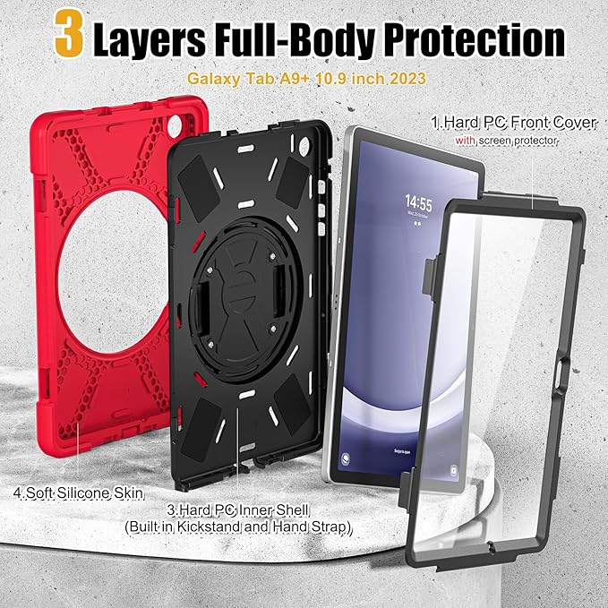 BRAECNstock for Samsung Galaxy Tab A9+ Plus Tablet Case 11 inch (SM-X210/X216/X218) Shockproof Protective Galaxy Tab A9+ Case with Screen Protector Pen Holder Rotating Hand Strap+Stand - Red
