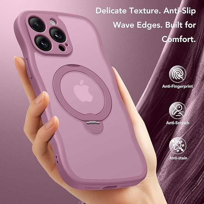 for iPhone 13 Pro Max Case for Women,[Compatible with Magsafe][360° Spin Magnetic Stand][Cute Wave Edge][Military-Grade Protection]Translucent Matte Phone Case for iPhone 13 ProMax, Blackcurrant