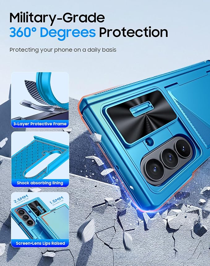 for Samsung Galaxy Z Fold 7 Case with Card Holder RFID Blocking, Built in Slide Lens Cover & Hinge Protection & Screen Protector, Shockproof Wallet Case for Z Fold 7 (Lake Blue)