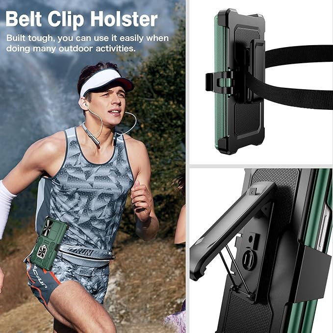 VEGO for Galaxy Z Fold 4 Case with Belt Clip Holster, 360°Ring Magnetic Kickstand & Camera Cover & Front Screen Protector, Hinge Protection Shockproof Armor Cover - Green