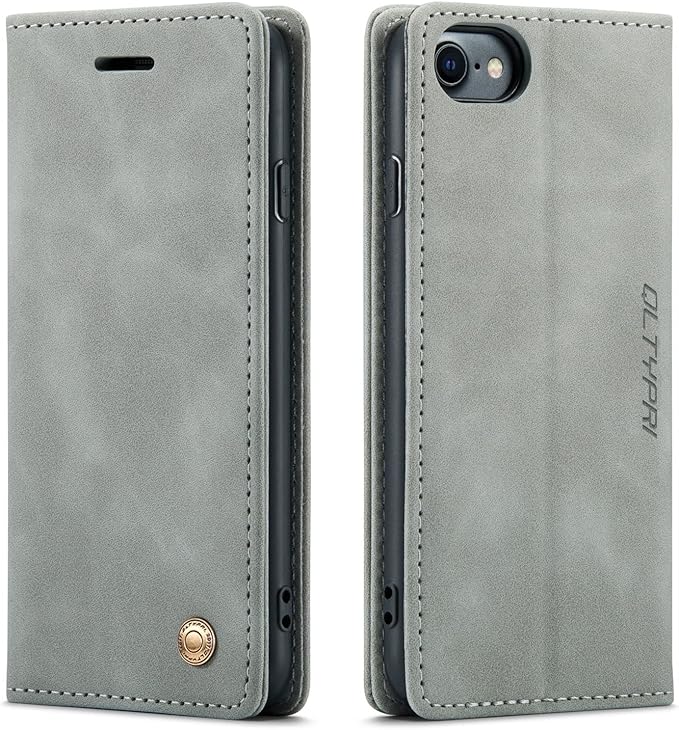 QLTYPRI Case for iPhone 16e, Vintage PU Leather Wallet Case Card Slot Kickstand Magnetic Closure Shockproof Flip Folio Cover for iPhone 16e - Grey
