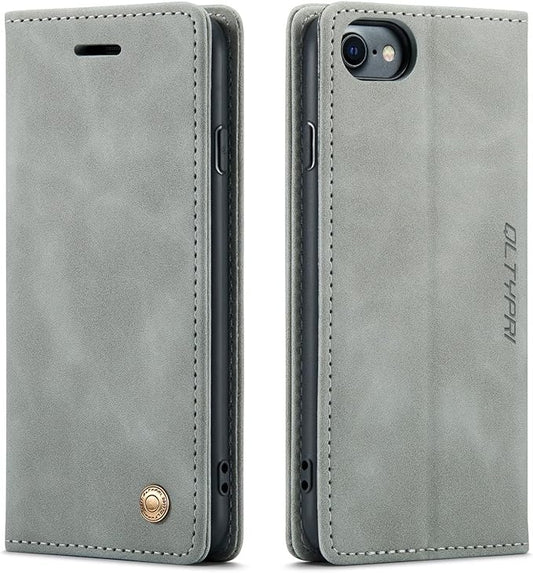 QLTYPRI Case for iPhone 16e, Vintage PU Leather Wallet Case Card Slot Kickstand Magnetic Closure Shockproof Flip Folio Cover for iPhone 16e - Grey