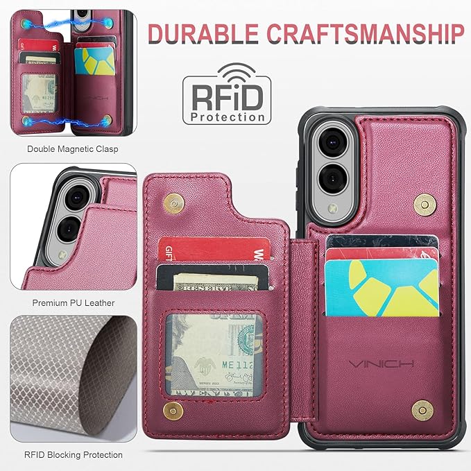 Vinich for Samsung Galaxy S25 Edge Wallet Case with Card Holder, RFID Blocking Credit Slots Kickstand Shockproof Phone Cover for Women Men, Wine Red