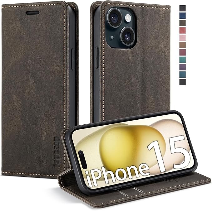 japezop iPhone 15 5G Wallet Case with [RFID Blocking],Card Holder Kickstand Magnetic,Leather Flip Case Wallet for iPhone 15 5G 6.1 Inch(Coffee)