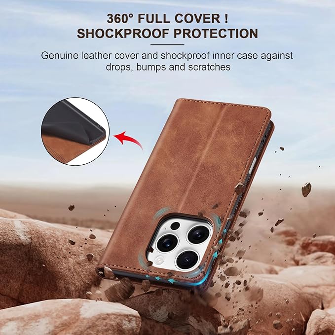 Jasonyu Flip Wallet Case for iPhone 16 Pro,Leather Magnetic Folio Cover with Card Holder,Kickstand - TPU Shockproof Durable Protective Phone Case,Brown