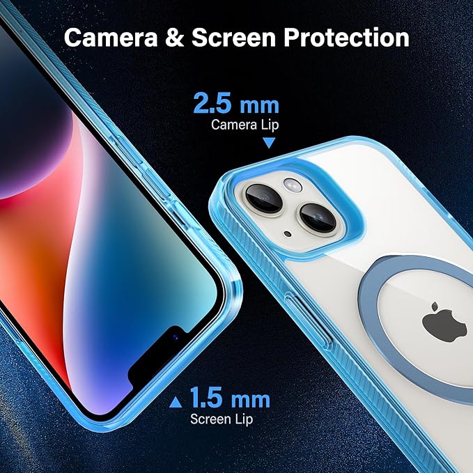 Magnetic Case for iPhone 14 Plus - [Built-in Invisible Stand] [Compatible with MagSafe] [Military Grade Drop Protection] Anti-Yellowing Hard Back Silicone Edge Cover, 6.7", Clear Blue