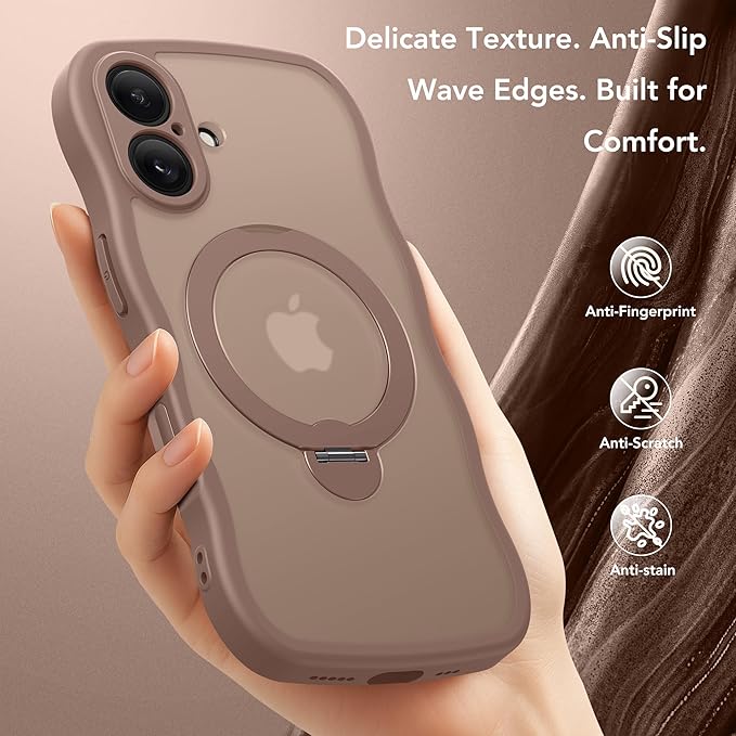 GolbinBox for iPhone 16 Case, [Compatible with Magsafe][360° Spin Magnetic Stand][Military-Grade Protection][Camera Control][Cute Wave Edge] Translucent Matte Women Phone Cover for iPhone 16, Brown