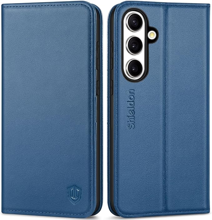 SHIELDON Case for Galaxy S25 FE 6.7", Genuine Leather Wallet Magnetic Case with RFID Blocking Card Holder Kickstand Shock Absorbing Cover Compatible with Galaxy S25 FE 5G 2025 - Nappa Royal Blue