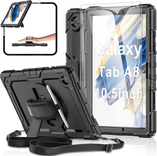 Case for Samsung Galaxy Tab A8 10.5-inch Tablet Case 2022 [with Tempered Glass Screen Protector], 360° Rotatable Kickstand/Hand & Shoulder Strap/S Pen Holder (Black)