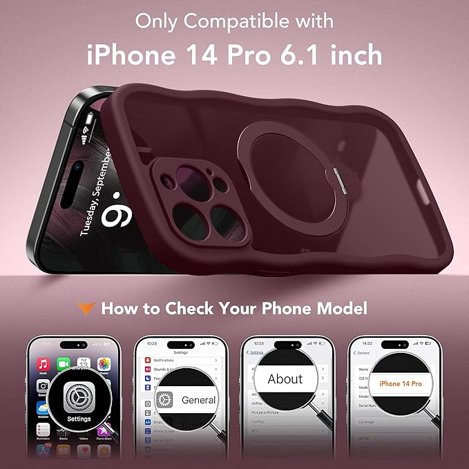 GolbinBox for iPhone 14 Pro Case for Women,[Compatible with Magsafe][360° Spin Magnetic Stand][Cute Wave Edge][Military-Grade Protection] Translucent Matte Phone Case for iPhone 14 Pro, Wine Red