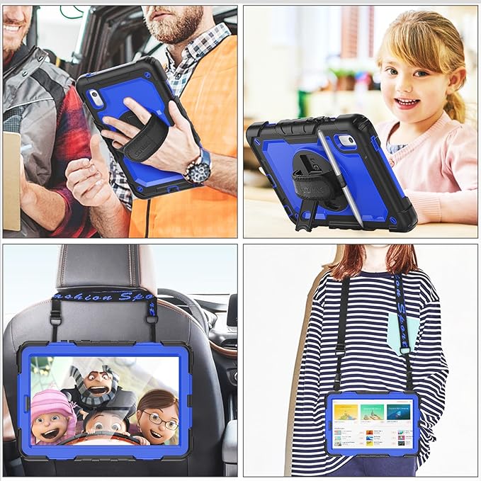 SEYMAC stock Case for Lenovo Tab M9 (TB-310FU) 2023 with Screen Protector, Drop-Proof Protection Cover with 360° Rotating Stand &Strap [Pen Holder] Case for Lenovo Tab M9 9'' (Blue+Black)