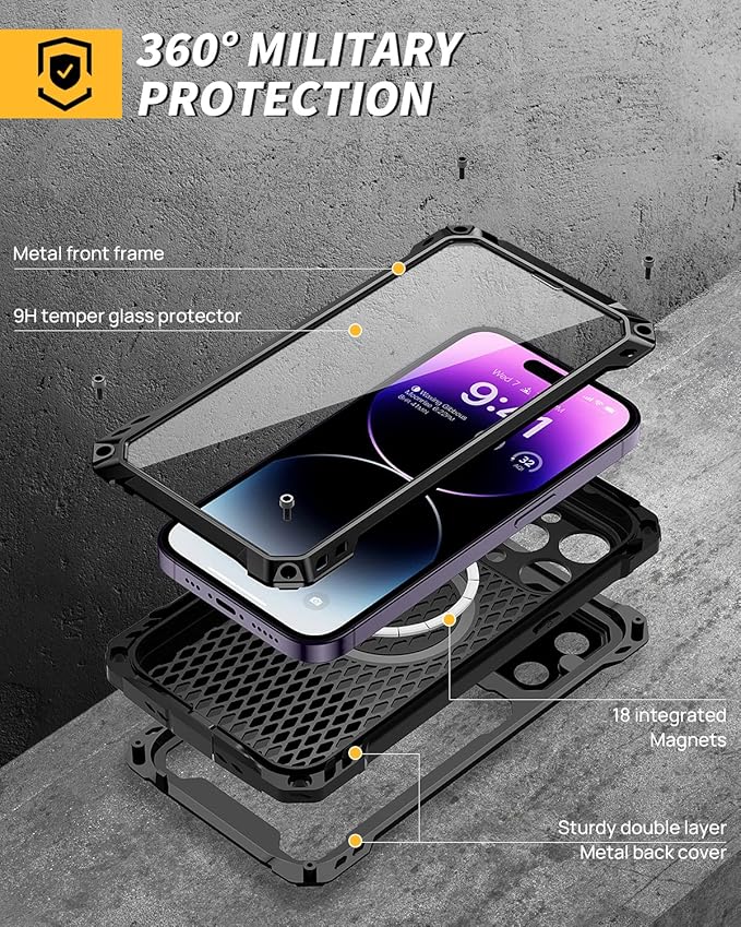 Lanhiem Magnetic for iPhone 14 Pro Max Metal Case, [Built-in Camera Kickstand & Glass Screen Protector] Heavy Duty Full Body Rugged Protective Military Magsafe Cover for iPhone 14 Pro Max 6.7" (Black)