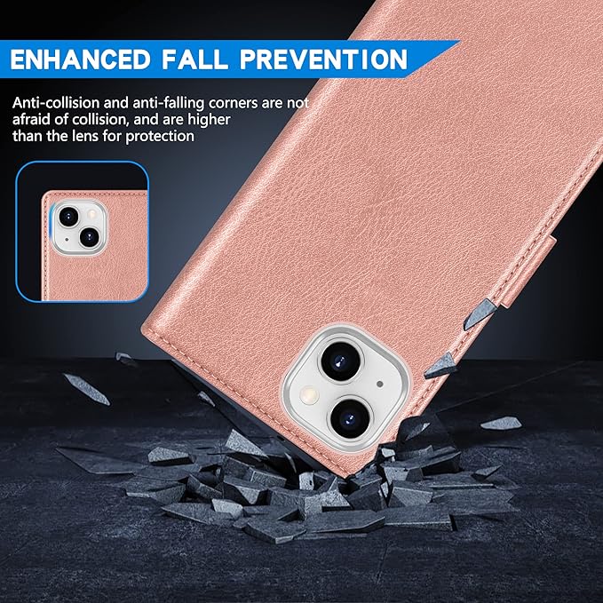 ZZXX for iPhone 15 Wallet Case with [RFID Blocking] Card Slot Kickstand Magnetic Closure Leather Flip Fold Protective Phone Case for iPhone 15 Case Wallet(Rose Gold-6.1 inch)