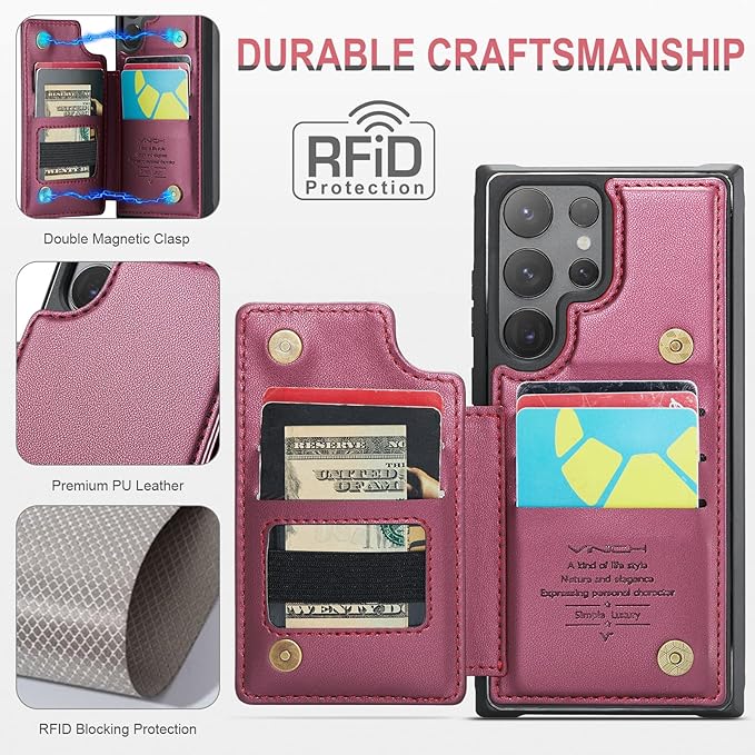 Vinich for Samsung Galaxy S24 Ultra Wallet Case with Card Holder, RFID Blocking Credit Slots Kickstand Shockproof Phone Cover for Women Men, Wine Red