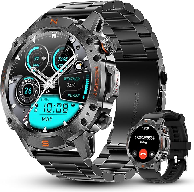 WalkerFit Military Rugged Smart Watch for Men 1.43" AMOLED Smartwatch,Alway-on,3ATM Waterproof for Swim,Accurate HR Sleep Monitor,Bluetooth Call Fitness Watch for iPhone Andriod Compatible,Steel Band