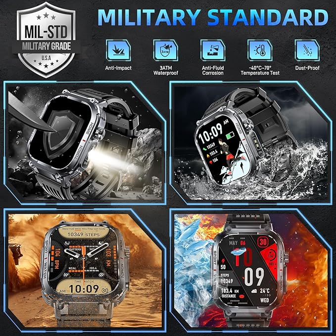 Military Smart Watches for Men with LED Flashlight Compass (Answer/Make Call) 2.02" Fitness Tracker with 100+ Sport Modes Heart Rate Sleep Monitor 400mAh 3ATM Waterproof Smartwatch for iPhone Android