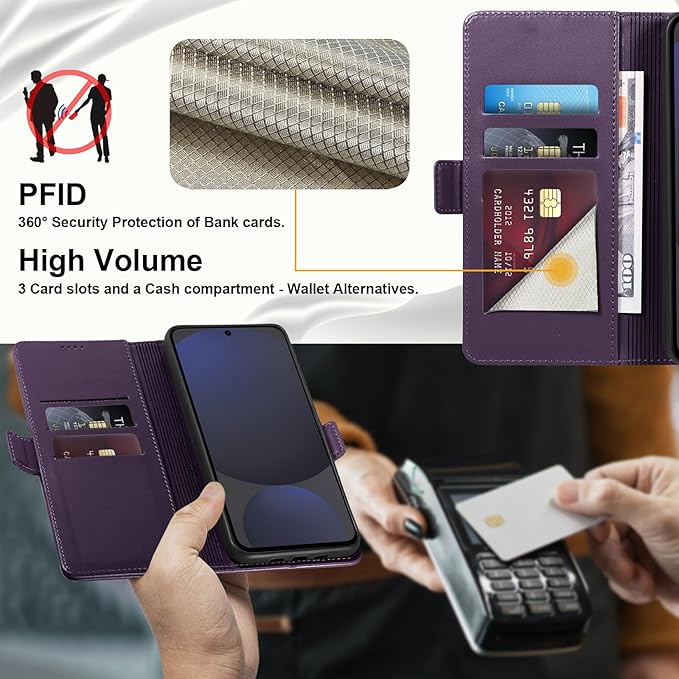 Wallet Flip Case for Samsung Galaxy S24 FE 5G - [RFID Blocking] Luxury PU Leather Card Holder Magnetic Phone Cover with Kickstand,Shockproof Protective Case,Purple