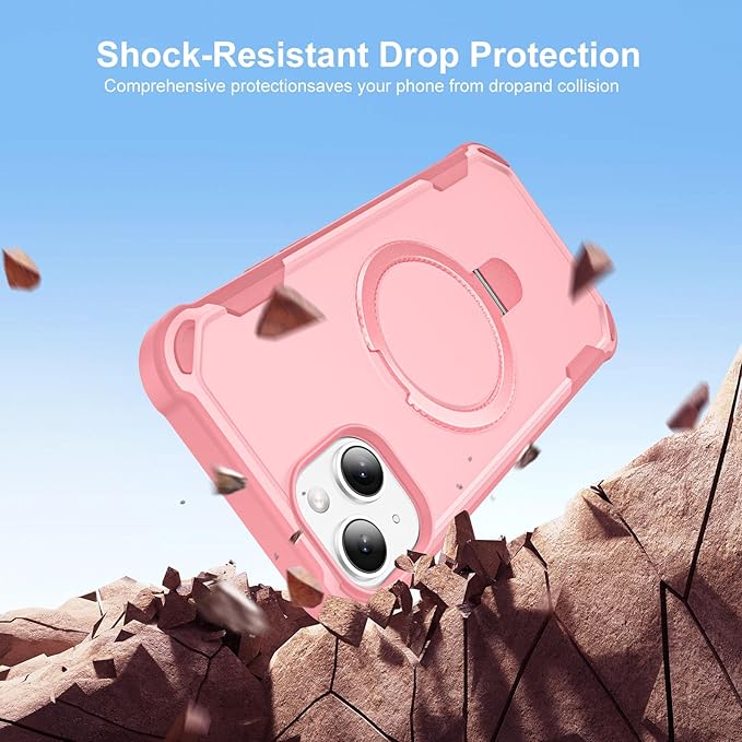 Compatible with iPhone 15 Case with Invisible Magnetic Ring Stand [Compatible with Magnetic] [Military Drop Protection] Shockproof Slim Hard Back Soft Edge Case 6.1 Inch, Pink