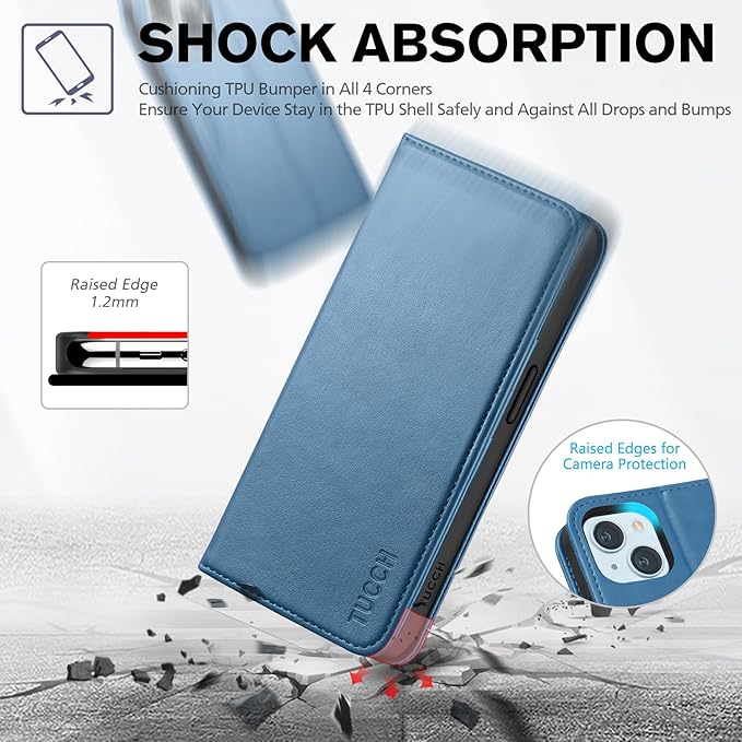 TUCCH Case for iPhone 15 Wallet Case 6.1", Kickstand PU Leather Folio Cover with RFID Blocking 3 Card Slots, Stand Book Design [Shockproof TPU Interior Case] Compatible with iPhone 15 2023, Light Blue