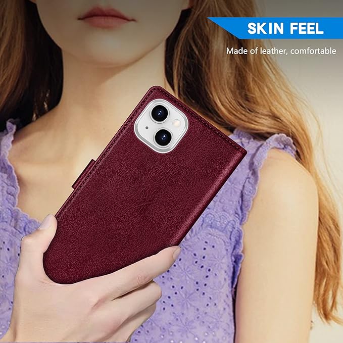 ZZXX for iPhone 15 Wallet Case with [RFID Blocking] Card Slot Kickstand Magnetic Closure Leather Flip Fold Protective Phone Case for iPhone 15 Case Wallet(Wine Red-6.1 inch)