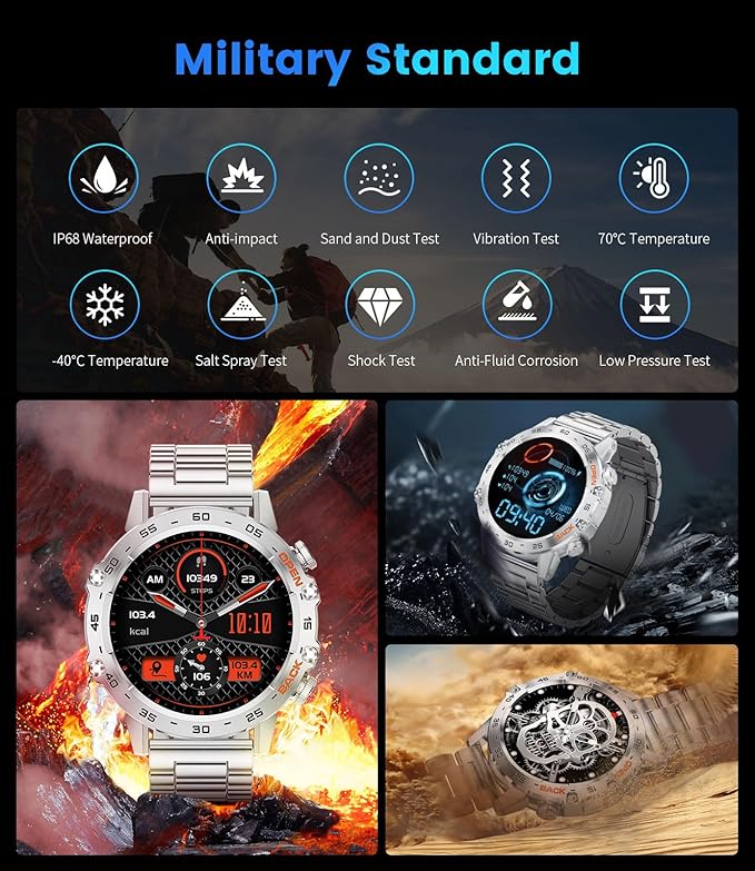 Smart Watch for Men Answer/Make Call for Android iOS, 400mAh Military Smartwatch Blood Oxygen Sleep Monitor Step Counter, 2 Watch Straps, Waterproof Smart Watches Silver
