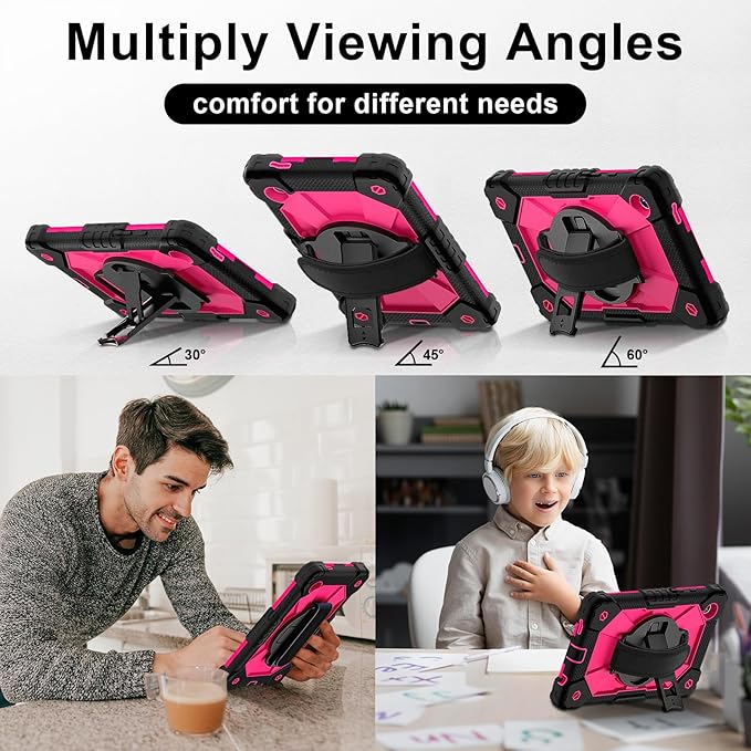 for Samsung Galaxy Tab A9 Case 8.7 inch (SM-X110/X115/X117), Heavy Duty Shockproof Silicone Cover Rugged 360 Stand Hand Shoulder Strap for Galaxy A9 Tablet, Black/Rose Red