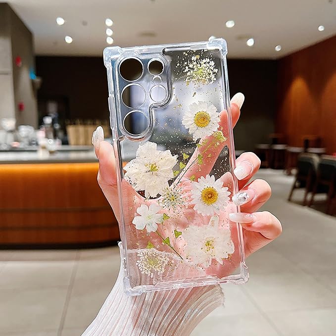 Compatible with Samsung Galaxy S24 Ultra Case Cute Pressed Dried Real Flowers Design Women Girly Shockproof Glitter Floral Clear Phone Cover for Galaxy S24 Ultra (White Flower)