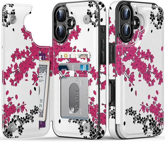 FUNMIKO for iPhone 16 Wallet Case with Card Holder, RFID-Blocking, Military-Grade Protection & UV-Printed Artwork, Magnetic Closure with Leather Kickstand - Dramatic Blossom Drift