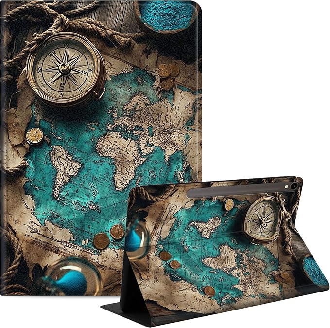 Case for Samsung Galaxy Tab S10 FE/ S9 FE 5G 10.9 Inch/Tab S9 11 Inch, Slim PU Leather Stand Cover with Auto Wake/Sleep, Multi-Angle Viewing & Shockproof, Ancient Map