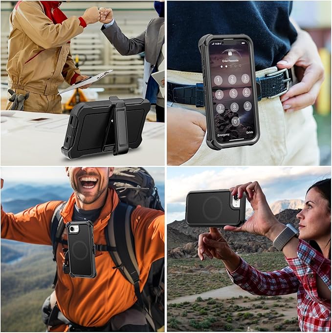 for iPhone 16e Case with Belt Clip Holster, Anti-Shock, Anti-Slip, Compatible with MagSafe, 3-Layer Drop Protection, Heavy Duty Magnetic Phone Case Cover for 16e, 6.1", Black