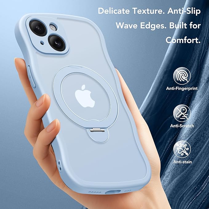 GolbinBox for iPhone 15 Plus Case for Women,[Compatible with Magsafe][360° Spin Magnetic Stand][Cute Wave Edge][Military-Grade Protection] Translucent Matte Phone Case for iPhone 15 Plus, Sky Blue