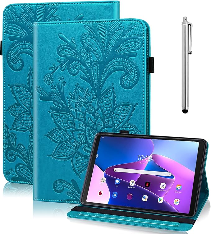 Case for Lenovo Tab M10 Plus 3rd Gen 10.6 Inch 2022 (TB125FU/128FU), Embossed Lace PU Leather Flip Folio Tablet Case with Elastic Band & Card Slots/Holder, Multi-Angle Viewing Stand Cover, Blue