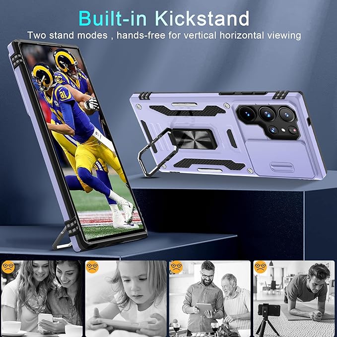 DEERLAMN Case for Samsung Galaxy S25 Ultra with Slide Camera Cover+Screen Protector (1 Pack), Rotated Ring Kickstand Military Grade Shockproof Protective Cover-Light Purple