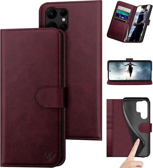 Compatible with Samsung Galaxy S25 Ultra Genuine Leather Wallet case【RFID Blocking】【4 Credit Card Holder】【Real Leather】 Flip Folio Book Phone case Cover Women Men for S25 Ultra case Wine Red