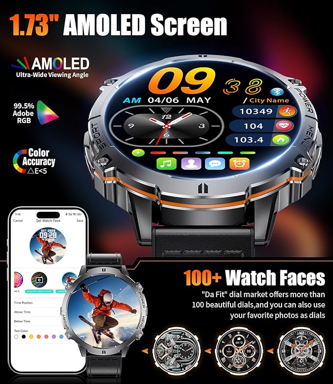 Smart Watches for Men with 900mAh(60+Standby),1.73" AMOLED Reloj Inteligente para Hombre with Bluetooth Call,110+ Sports Mode Fitness Tracker/Heart Rate Sleep Health Monitor/Android iOS Smart watch