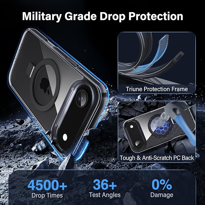 Magnetic Case for iPhone Air - [Built-in Invisible Stand] [Compatible with MagSafe] [Military Grade Drop Protection] Anti-Yellowing Hard Back Silicone Edge Cover, 6.5", Clear Black