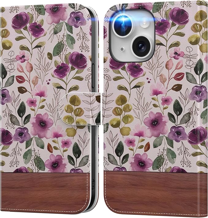 DEENAKIN for iPhone 15 Plus Wallet Case with Card Holder + Cash Clip, RFID-Blocking, Military-Grade Drop Protection, Magnetic Closure with Leather Kickstand - Floral Wallpaper