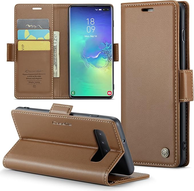 Case for Samsung Galaxy S10 Plus Wallet Case, RFID Blocking PU Leather Flip Folio Cover Card Holder Kickstand Shockproof Phone Case Compatible with Samsung Galaxy S10 Plus, Brown
