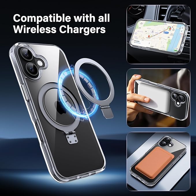 Magnetic Case for iPhone 17 - [Built-in Invisible Stand] [Compatible with MagSafe] [Military Grade Drop Protection] Anti-Yellowing Hard Back Silicone Edge Cover, 6.3", Clear