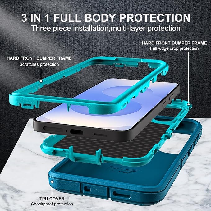 for Samsung Galaxy S25 Case, ONLY, [NOT FIT Galaxy S25 Edge/S25 Plus/S25 Ultra], Military Grade Case with 2Pcs Tempered Glass Screen Protector & 1Pcs Camera Lens Protector (Blue/Turquoise)