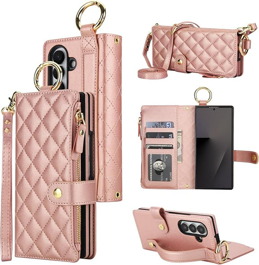 KIHUWEY for Galaxy Z Fold 7 Wallet Case with Card Holder Premium Leather Magnetic RFID Blocking Shockproof Zipper Wrist Strap Lanyard Cover for Samsung Galaxy Z Fold 7 8.0 Inch (Rose Gold)
