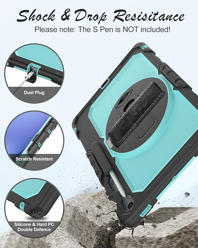 Case for Samsung Galaxy Tab S10 FE Plus 5G Tablet 13.1'', Shockproof Protective Cover with Tempered Glass Screen Protector, Rotatable Kickstand, S Pen Holder, Hand/Shoulder Strap, SkyBlue
