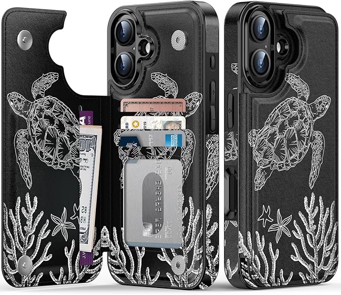 FUNMIKO for iPhone 16 Plus Wallet Case with Card Holder, RFID-Blocking, Military-Grade Protection & UV-Printed Artwork, Magnetic Closure with Leather Kickstand - Swimming Sea Turtle