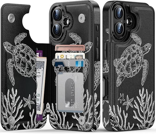 FUNMIKO for iPhone 16 Plus Wallet Case with Card Holder, RFID-Blocking, Military-Grade Protection & UV-Printed Artwork, Magnetic Closure with Leather Kickstand - Swimming Sea Turtle